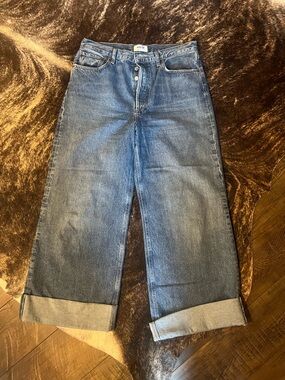 Agolde Wide-Leg Rolled Hem Blue Denim Jeans
